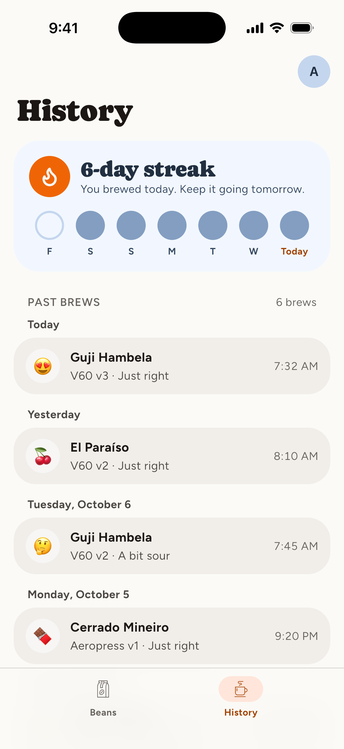 History screen with a brew streak and past brews